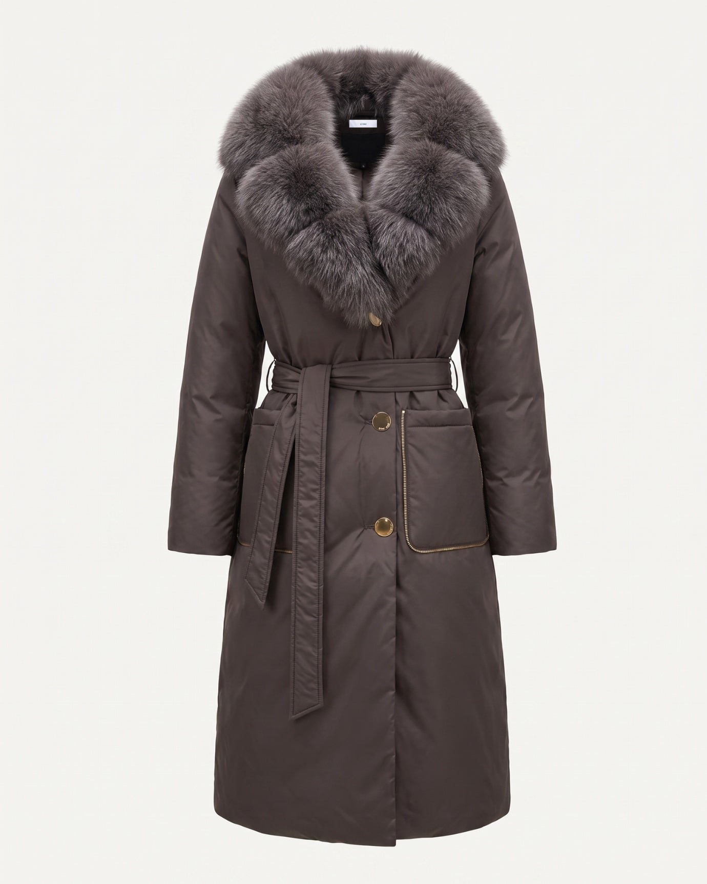 Long Down Jacket Fox Fur Collar Belted Thick Winter Coat