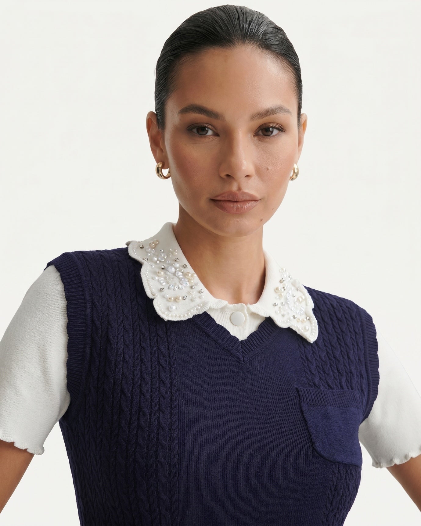 Lace Polo Collar Slim Knitted Top