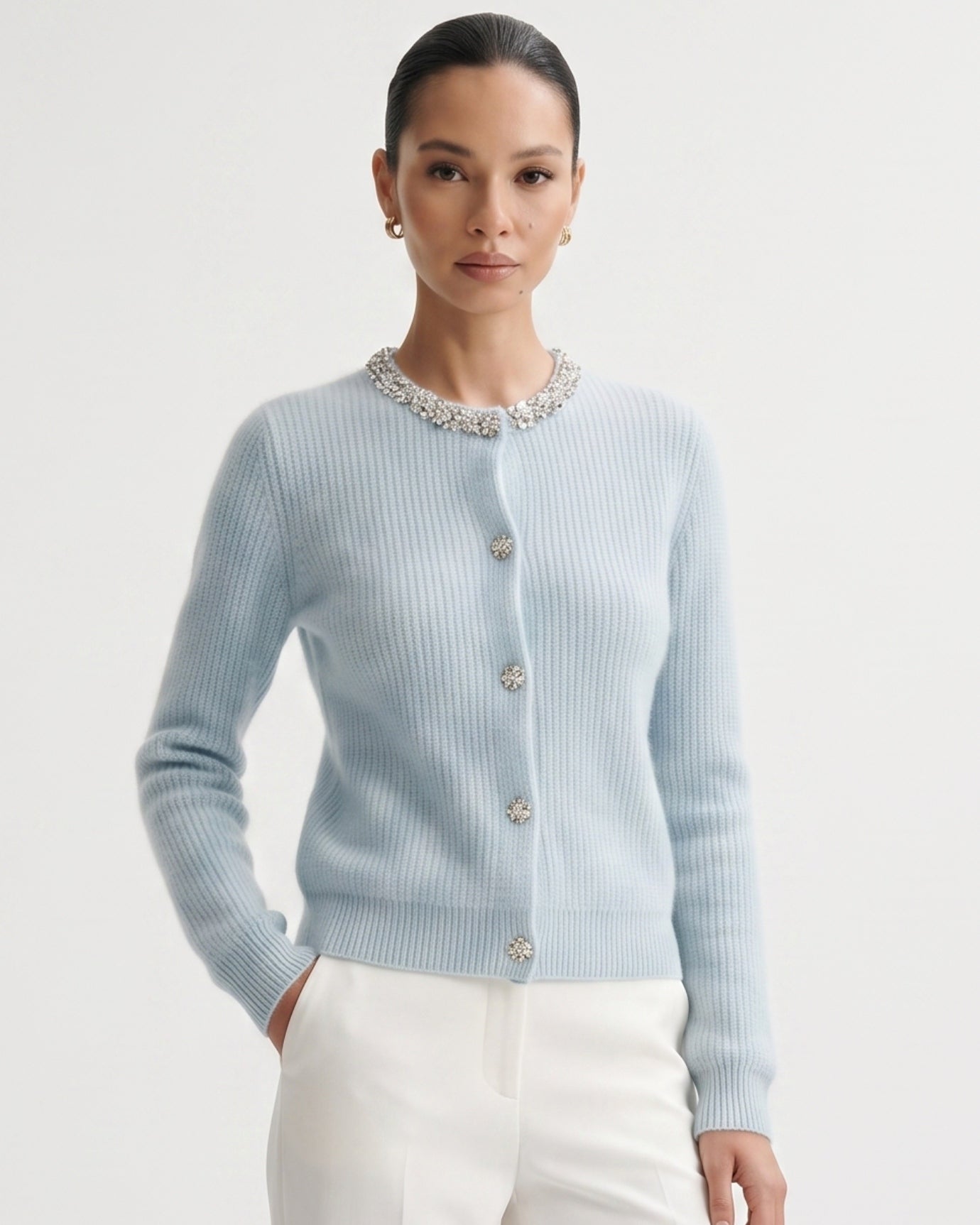Round Neck Cashmere Knitted Diamond Cardigan