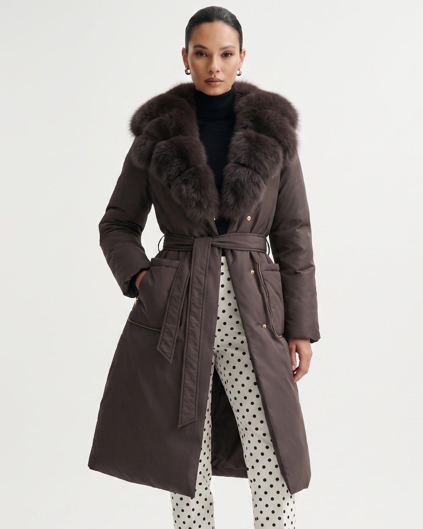 Long Down Jacket Fox Fur Collar Belted Thick Winter Coat