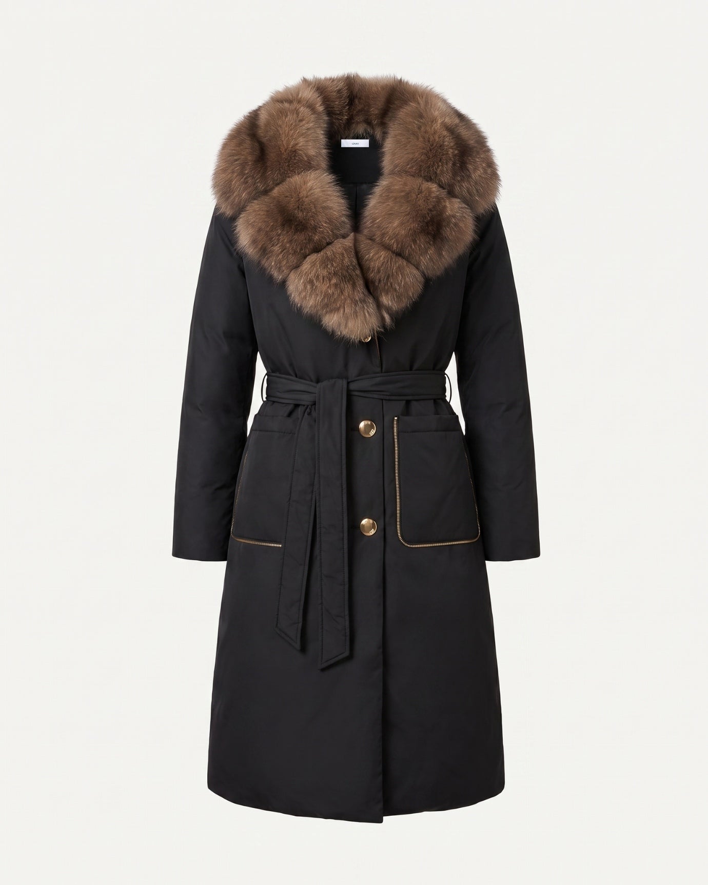 Long Down Jacket Fox Fur Collar Belted Thick Winter Coat