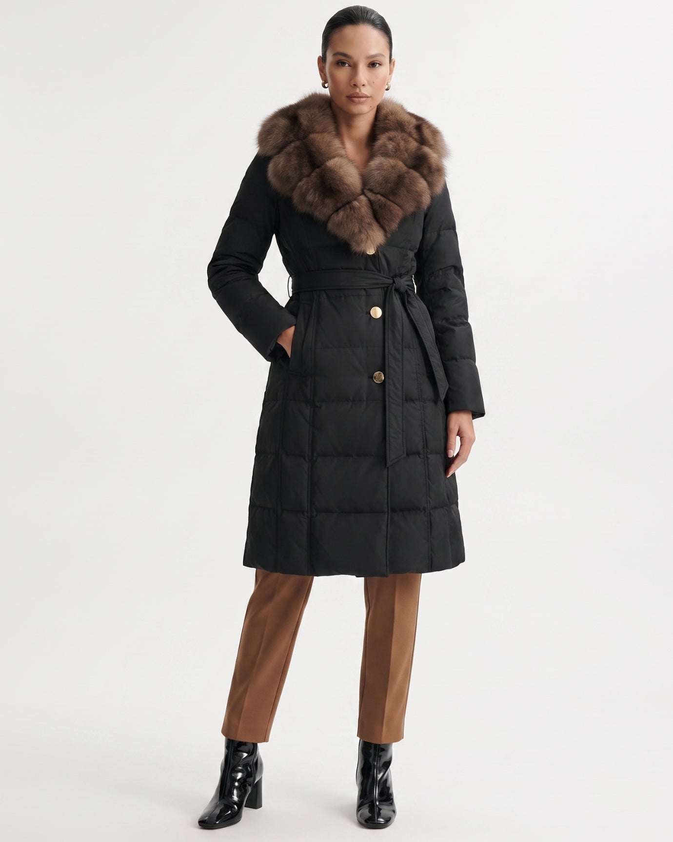 Long Down Jacket Fox Fur Collar Belted Thick Winter Coat