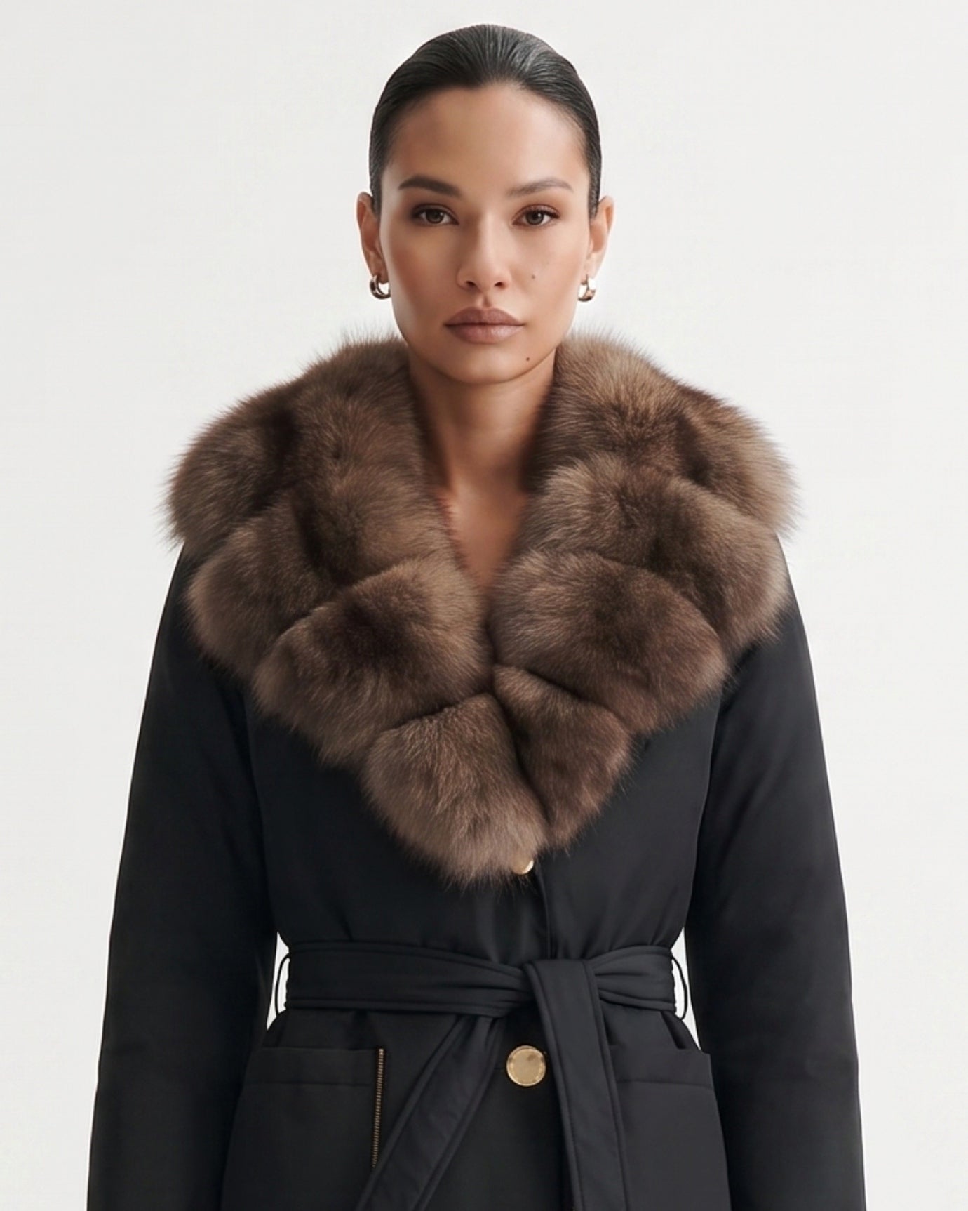 Long Down Jacket Fox Fur Collar Belted Thick Winter Coat