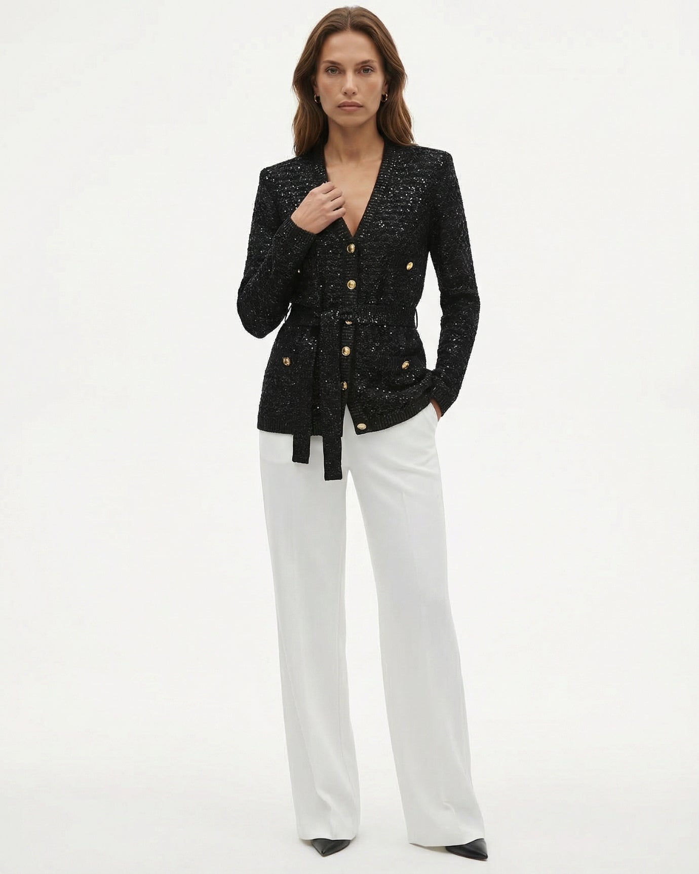 High End Sequin Knitted Long Sleeve V-neck Cardigan