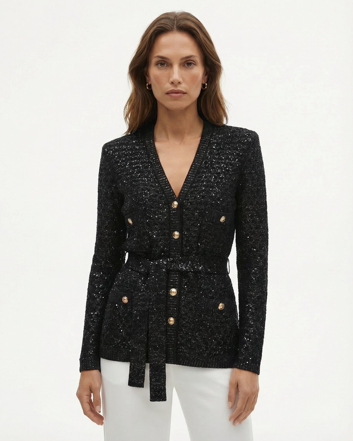 High End Sequin Knitted Long Sleeve V-neck Cardigan