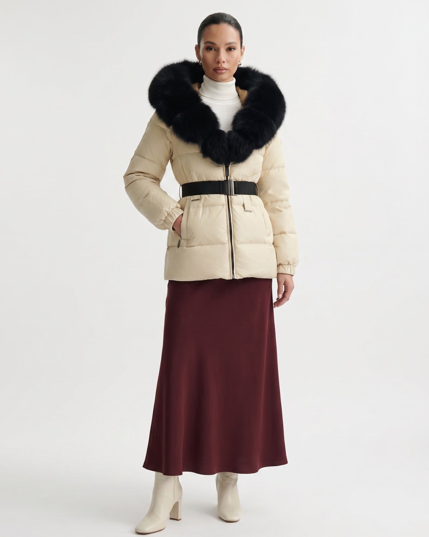 Duck Down Jacket with Fox Fur Trim