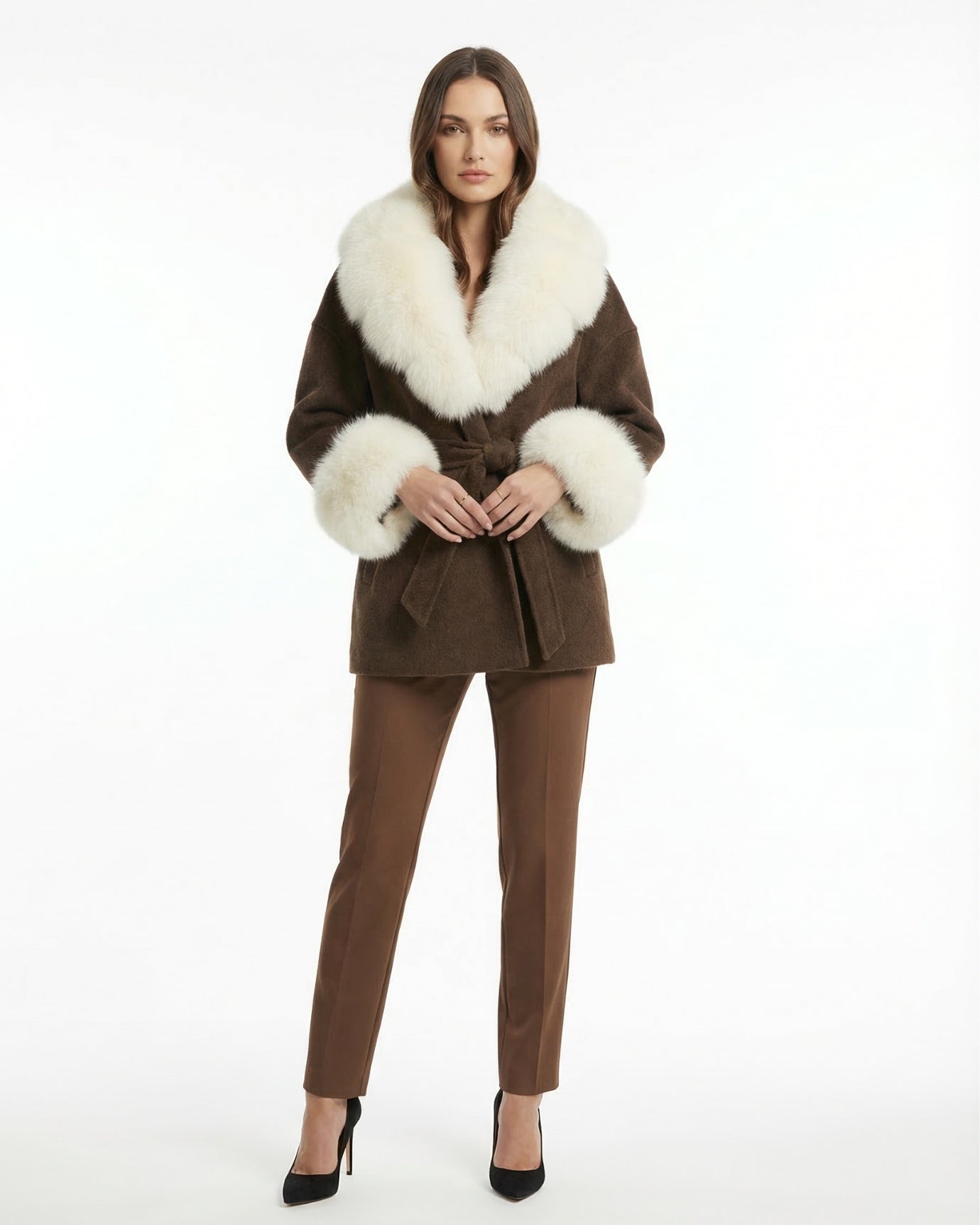 Abrigo de lana de doble cara Divina con cuello de piel de zorro