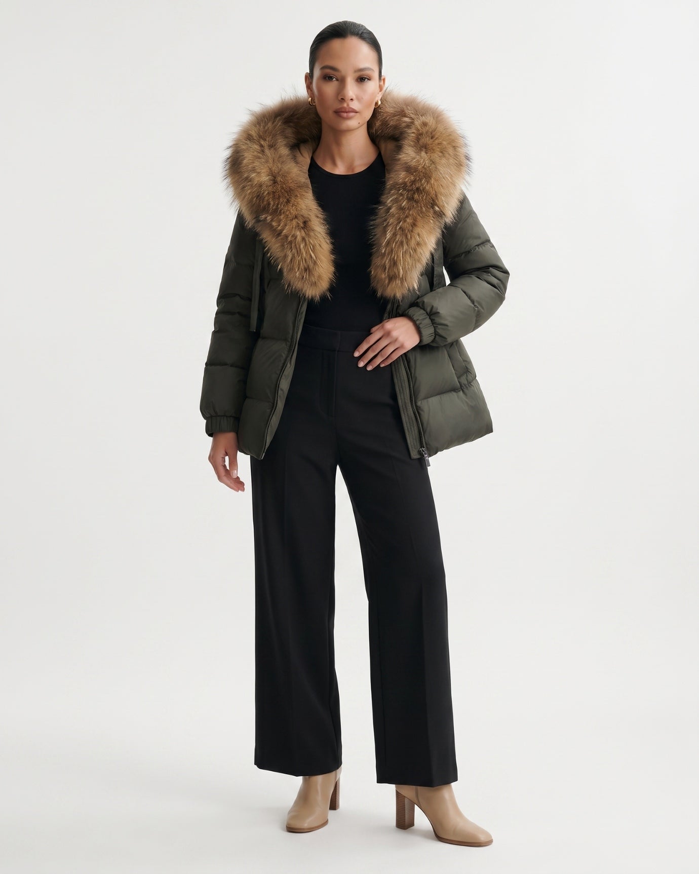 Duck Down Jacket with Fox Fur Trim