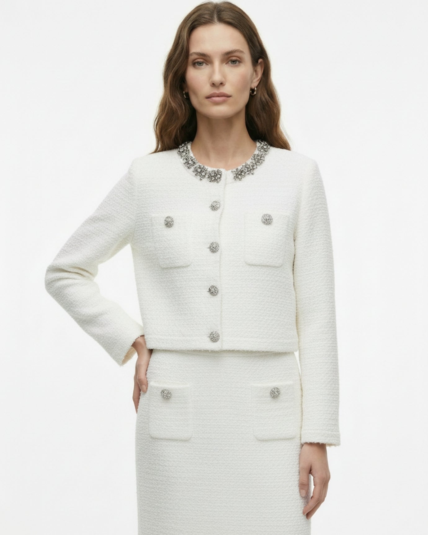 Rhinestone Heavy-Inlaid Knit Cardigan & Midi Skirt