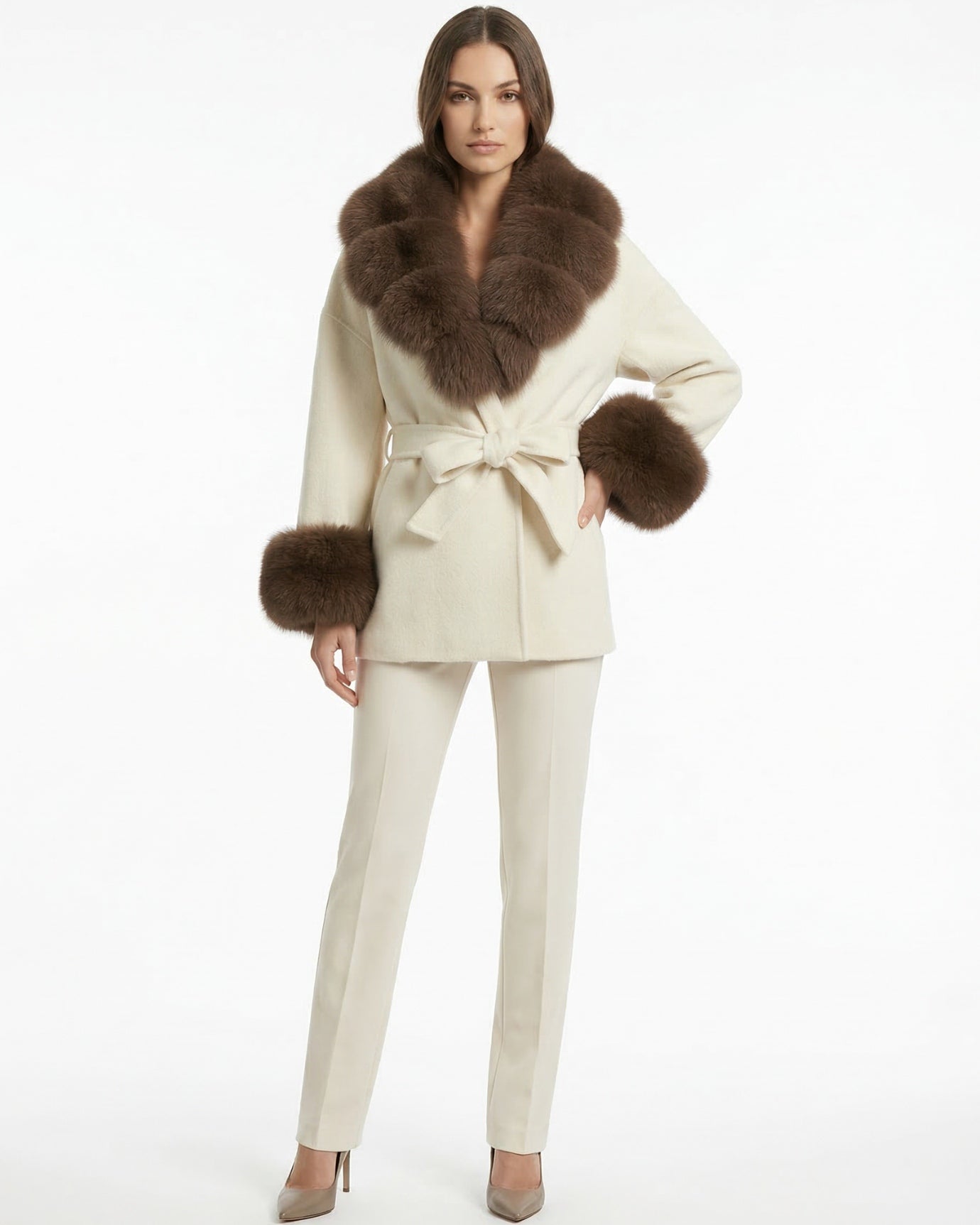 Abrigo de lana de doble cara Divina con cuello de piel de zorro