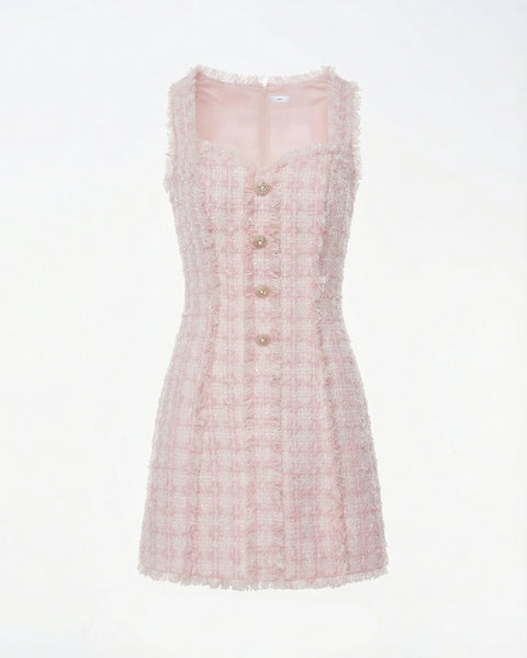 Sophisticated Elegant Pink Tweed Dress, Pink / L, Pink Tweed Dress Womens Elegant Slim Fit Tweed Mini Dress, Sophisticated Soft Textured Formal Dress