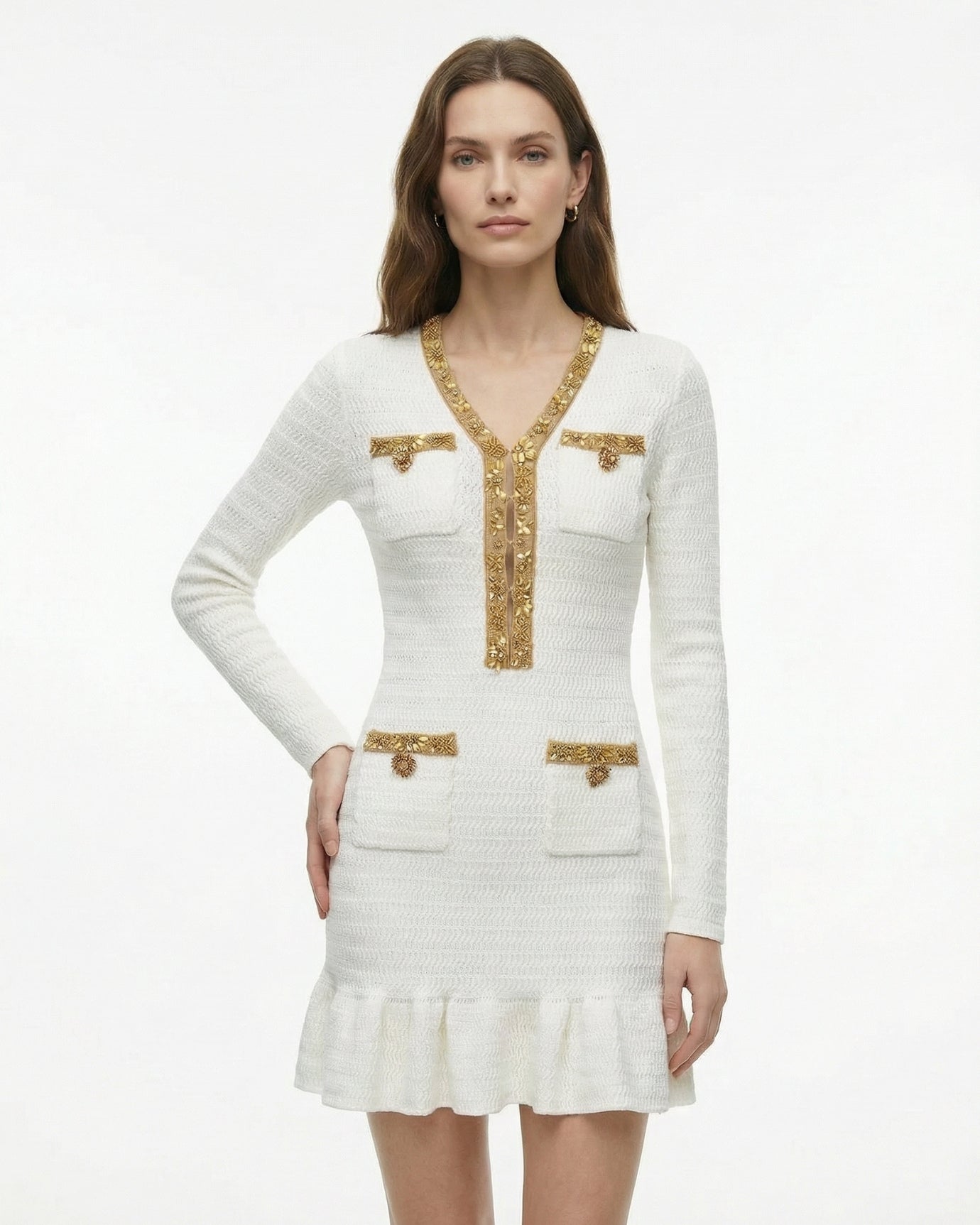Slim-Fit Beaded Knit Long-Sleeve Dress