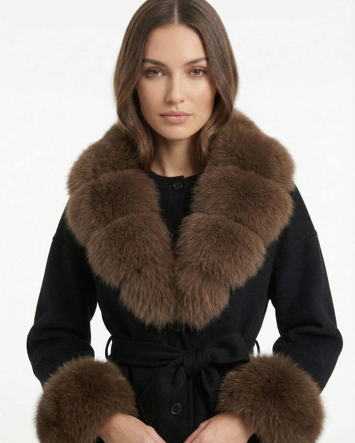 Abrigo de lana de doble cara Divina con cuello de piel de zorro