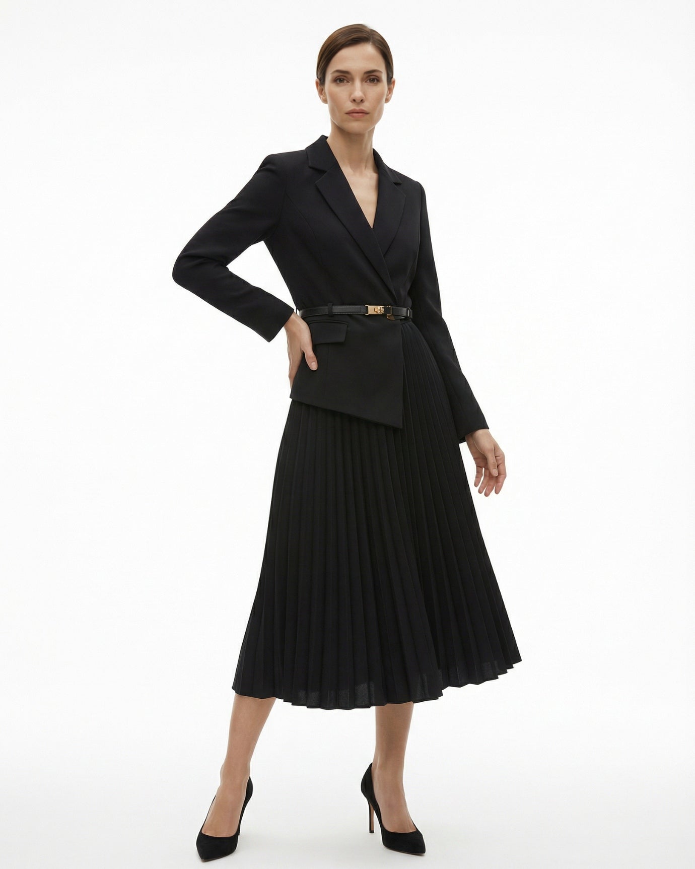 Suit Jacket Waist Set Patchwork Pleated Skirt