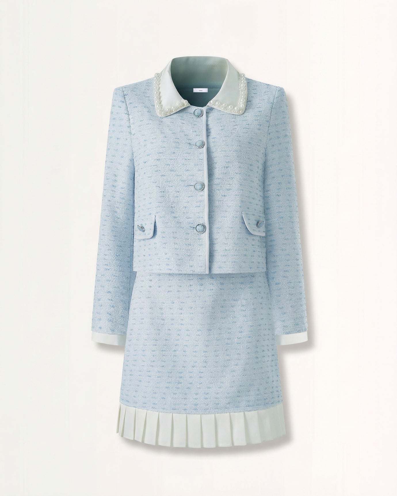 Limited Edition Blue Crystal Button Jacket + Color-Block Pleated Skirt Set