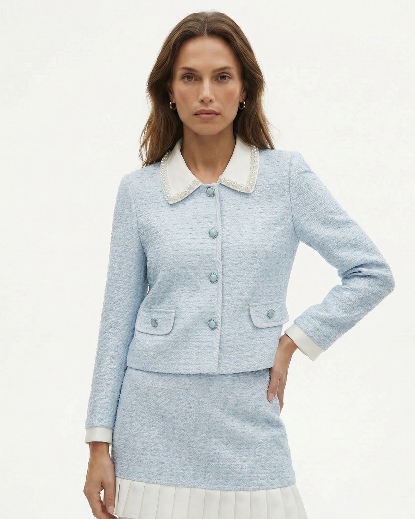 Limited Edition Blue Crystal Button Jacket + Color-Block Pleated Skirt Set