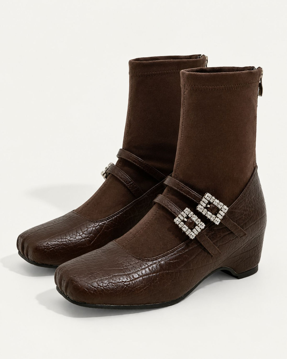 Rhinestone-Embellished Leather Wedge Boots