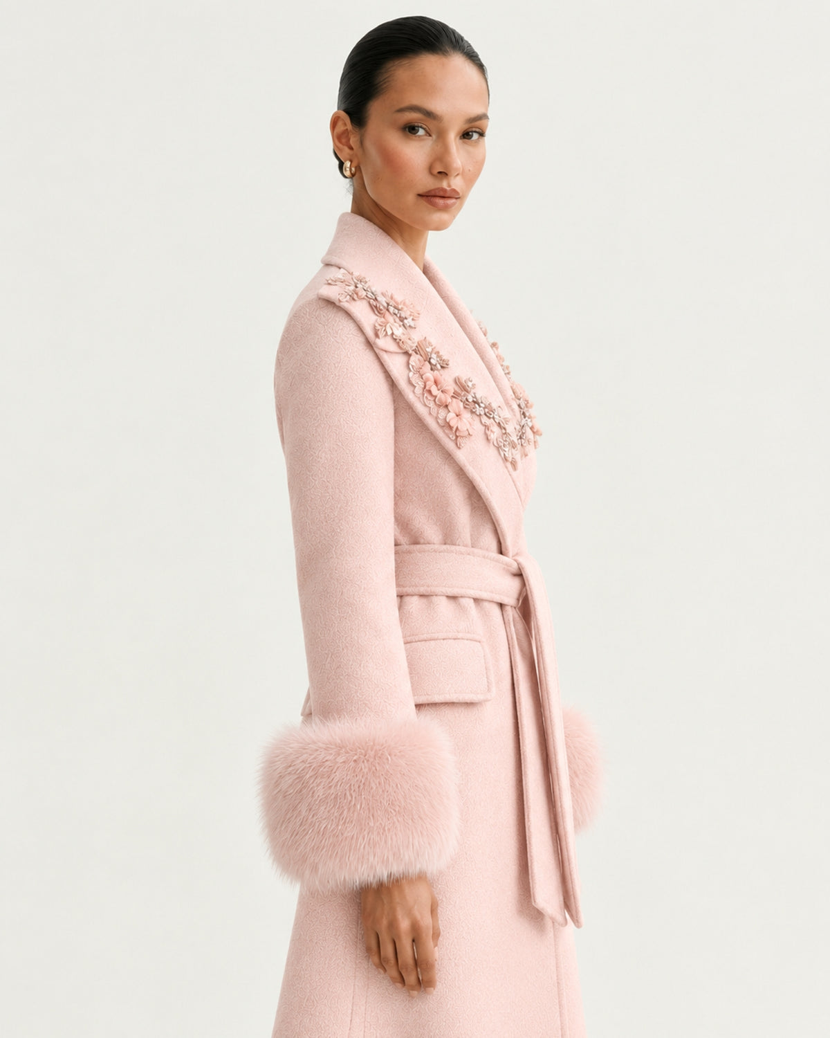 Hamptons Fox Fur Collar Embellished Wool Cashmere Coat
