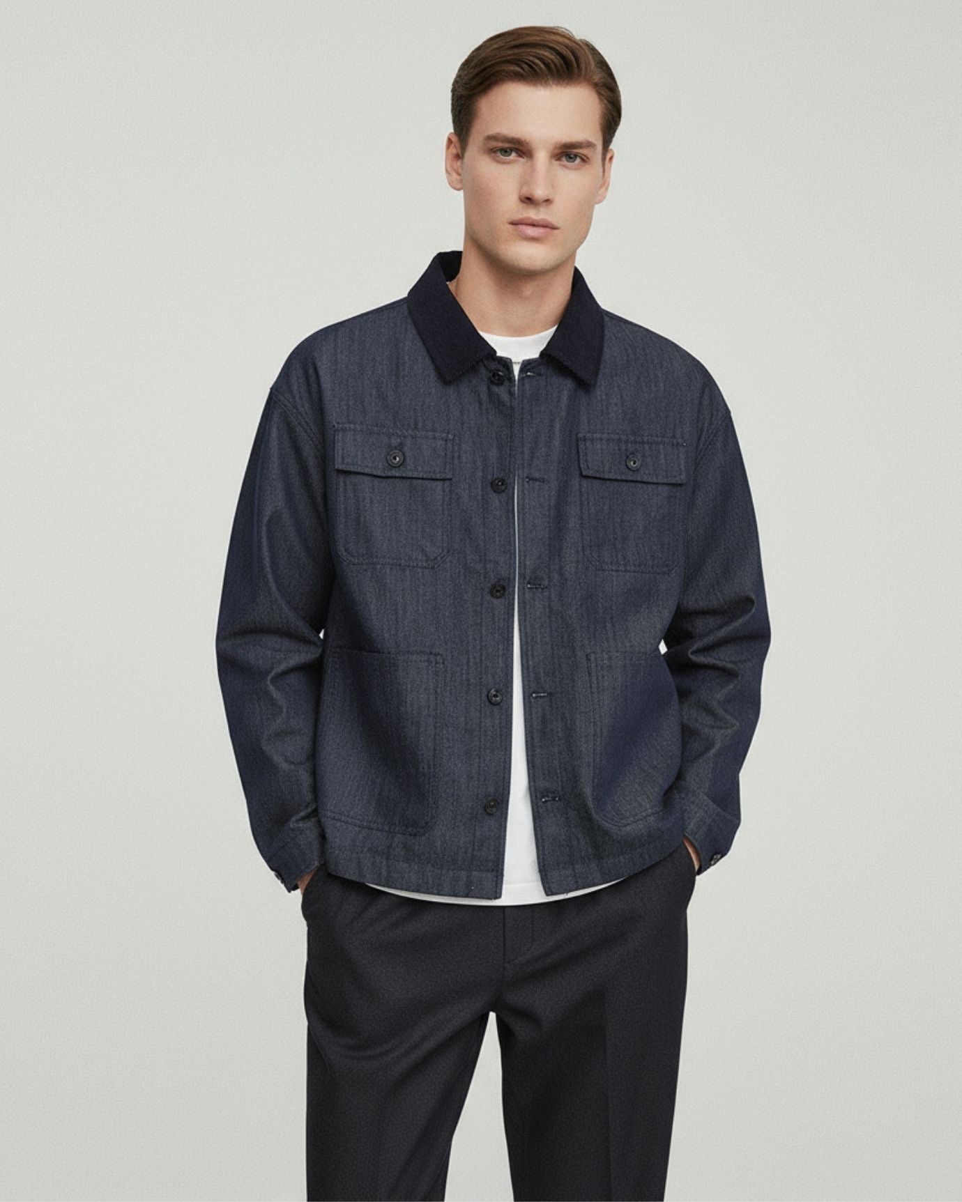 Man wearing a dark denim jacket on a light gray background