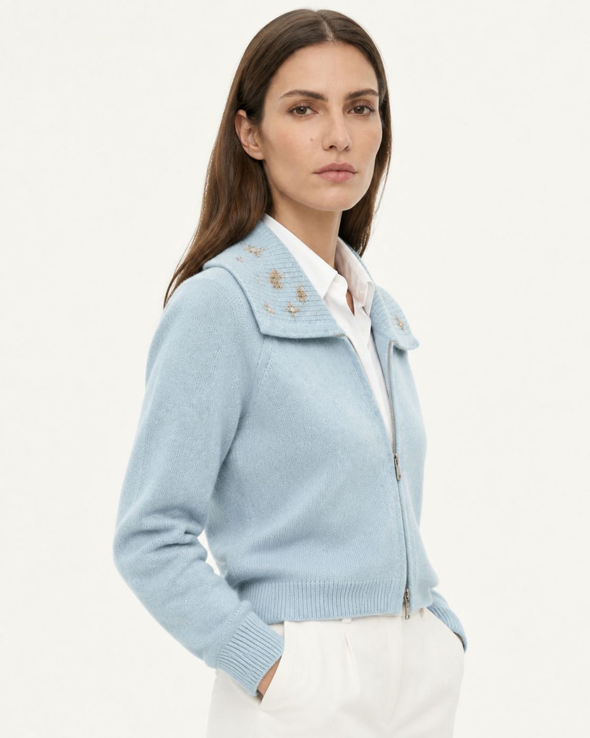 Lina Beaded and Embroidered 100% Cashmere Zip Cardigan