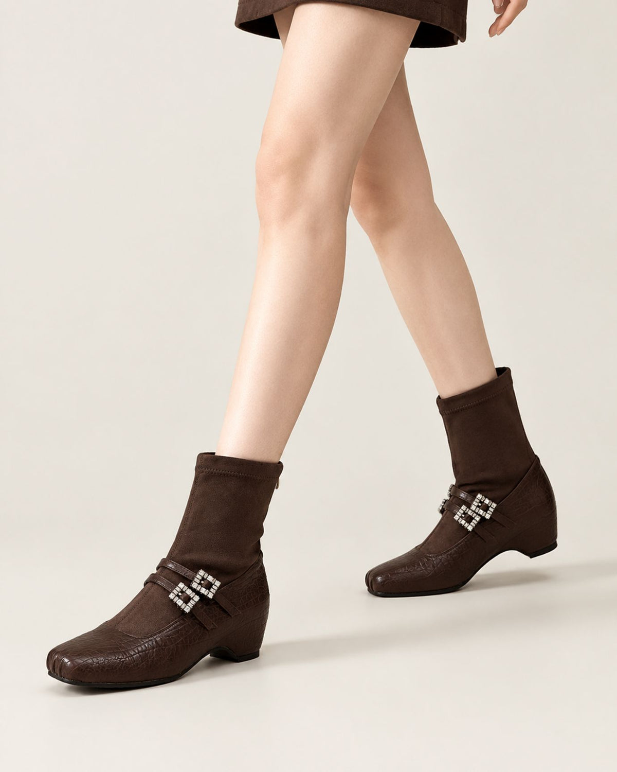 Rhinestone-Embellished Leather Wedge Boots
