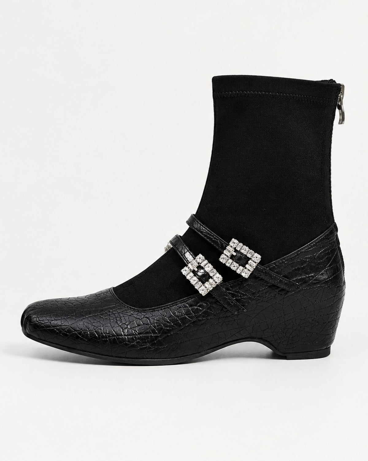 Rhinestone-Embellished Leather Wedge Boots