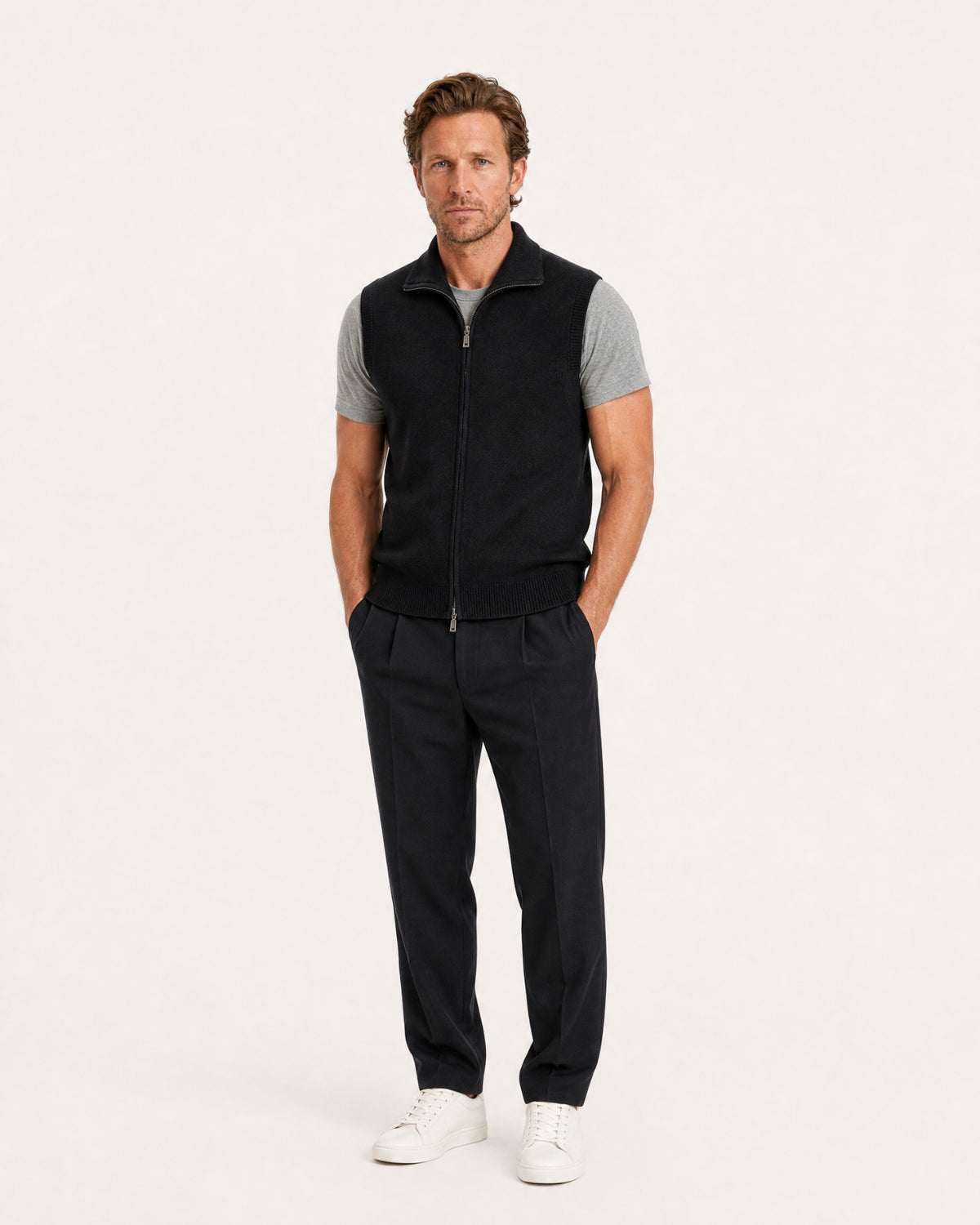 Cashmere Knit Zip Vest Collar