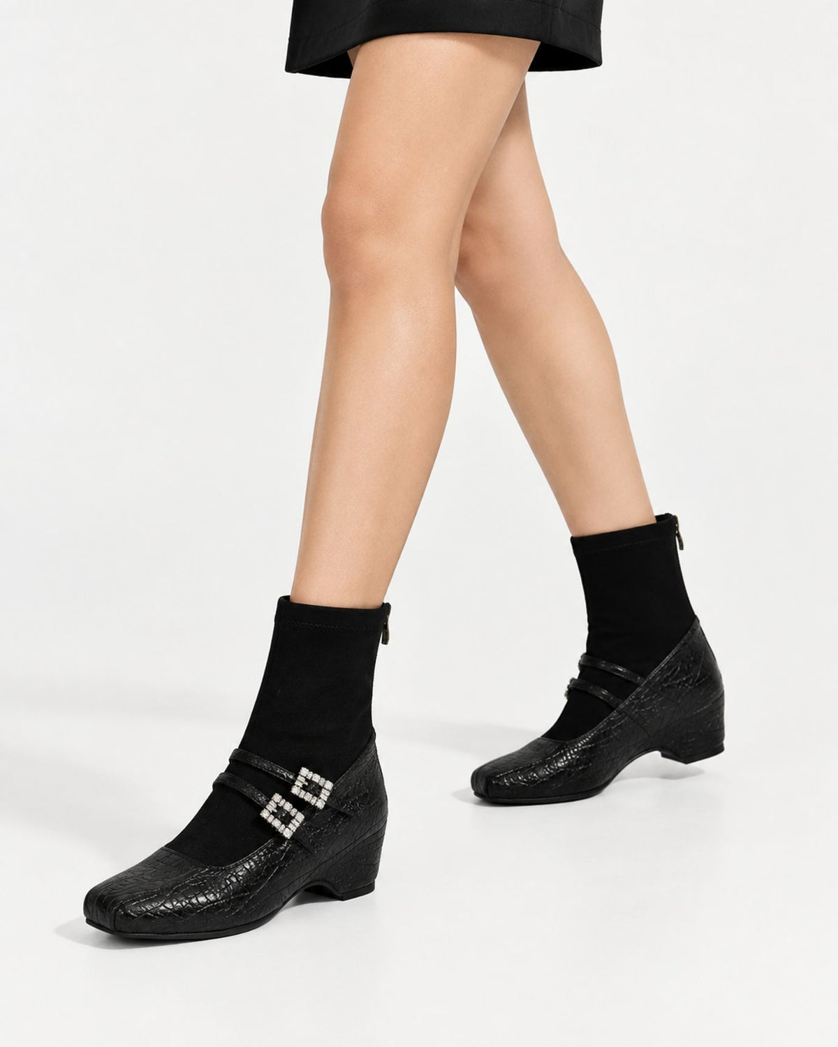 Rhinestone-Embellished Leather Wedge Boots