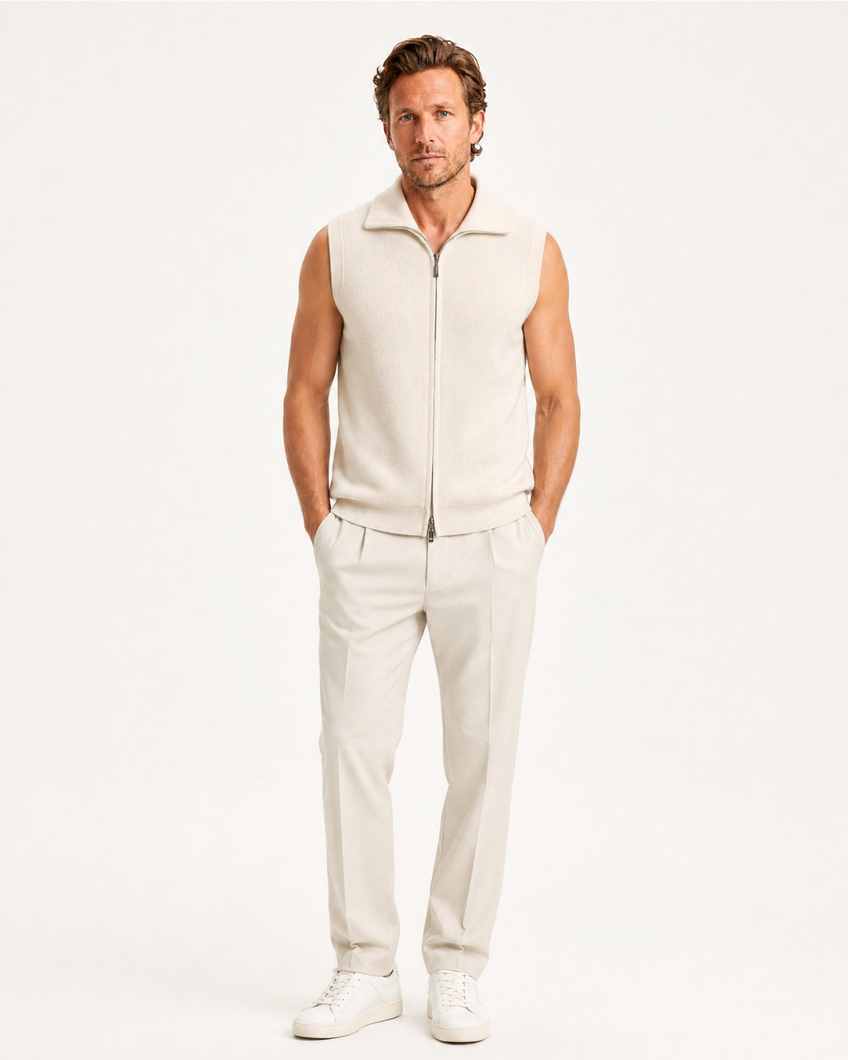 Cashmere Knit Zip Vest Collar