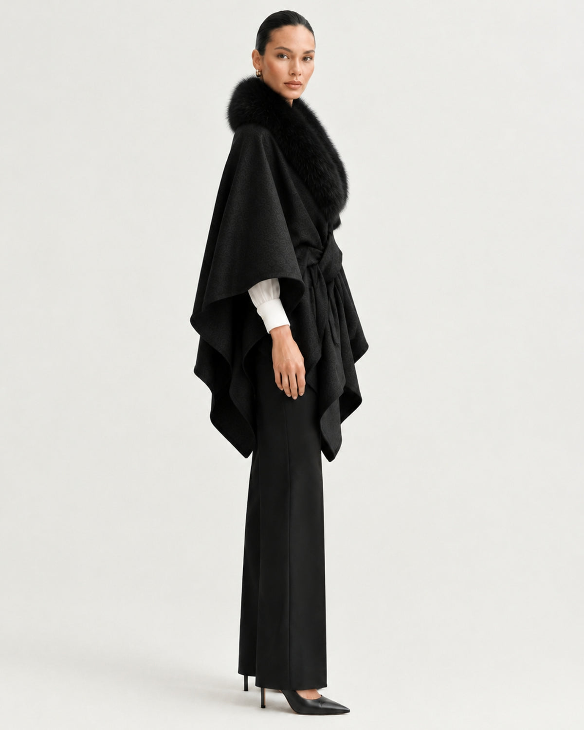 Real Fox Fur Collar Knit Cape Wool Shawl