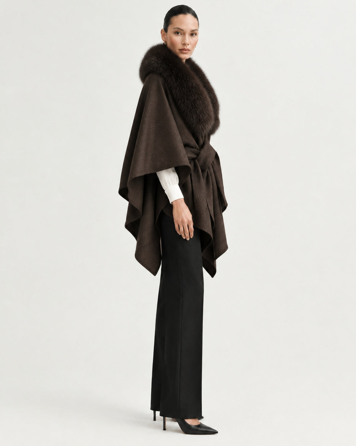 Real Fox Fur Collar Knit Cape Wool Shawl