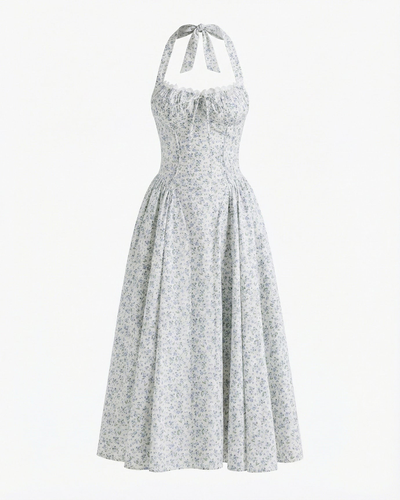 Vestido Santorini con flores azules pequeñas y cuello halter