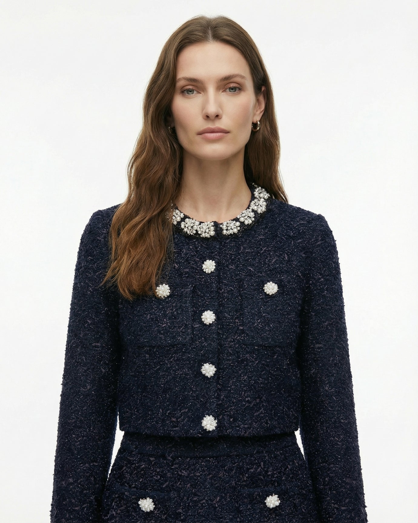 Rhinestone Heavy-Inlaid Knit Cardigan & Midi Skirt