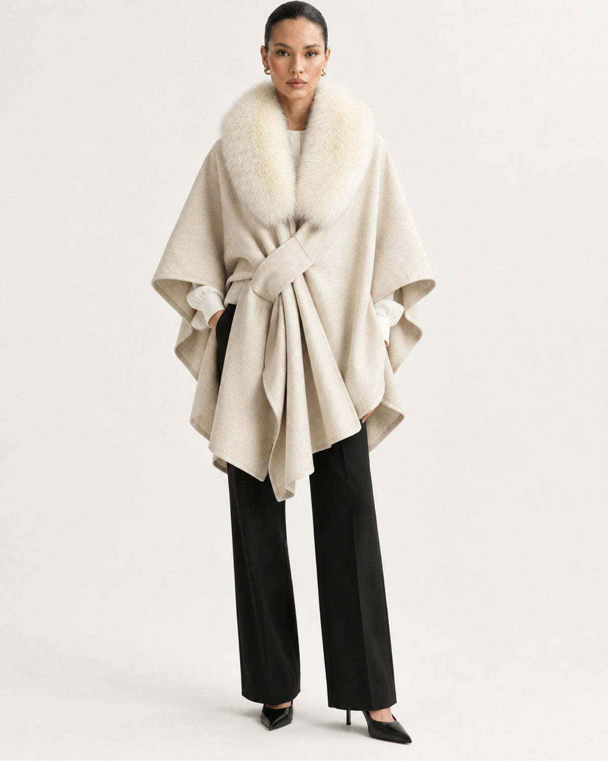 Real Fox Fur Collar Knit Cape Wool Shawl