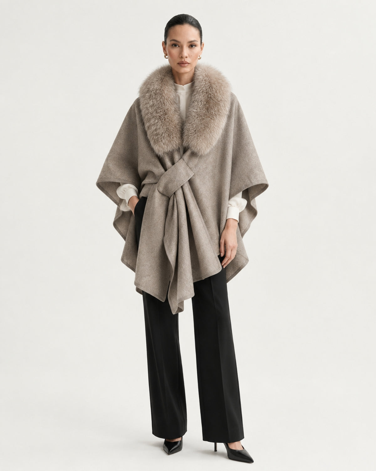 Real Fox Fur Collar Knit Cape Wool Shawl