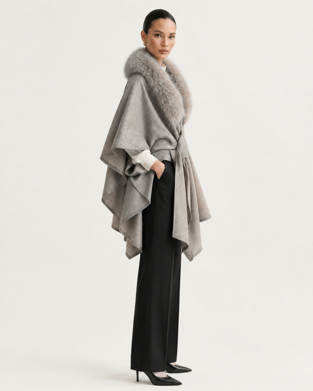 Real Fox Fur Collar Knit Cape Wool Shawl