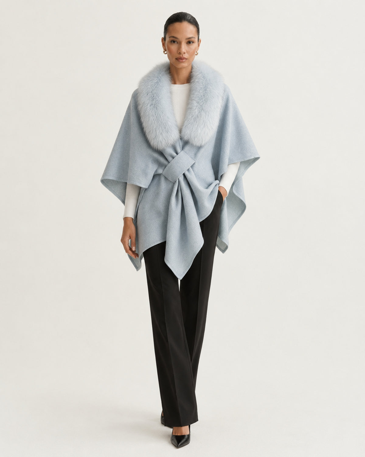 Real Fox Fur Collar Knit Cape Wool Shawl