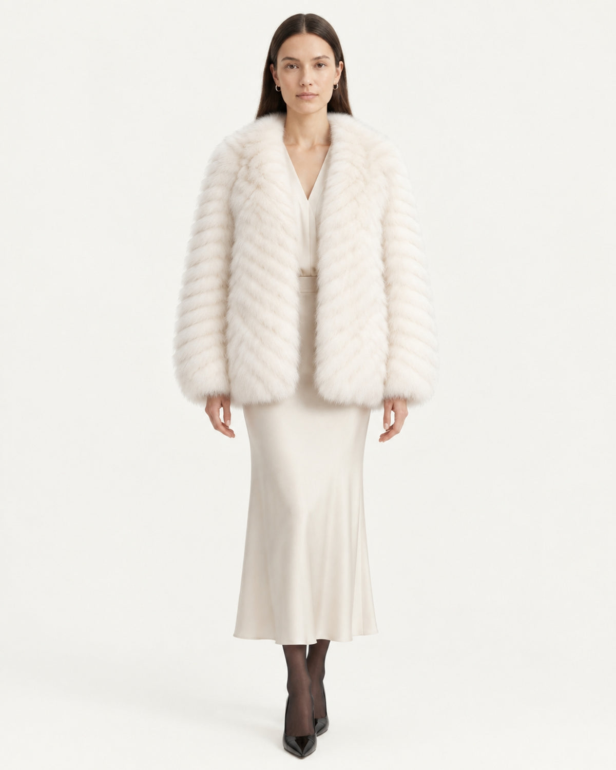 V-Neck Short Striped Fox Fur Jacket