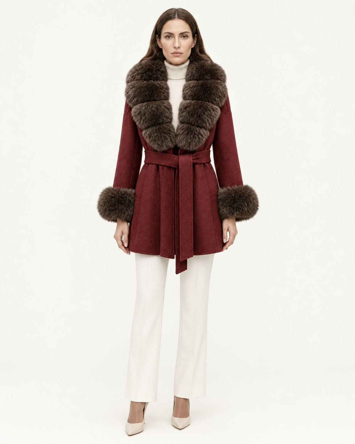 Mira Belted Mid-Length Wool Coat with Fox Fur Collar