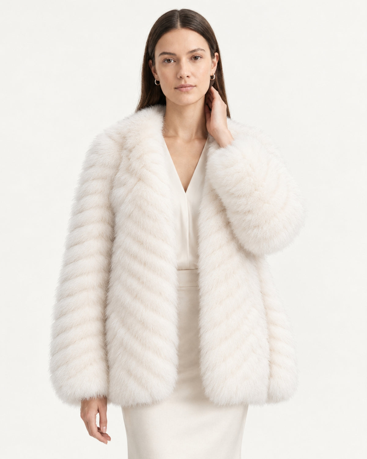 V-Neck Short Striped Fox Fur Jacket