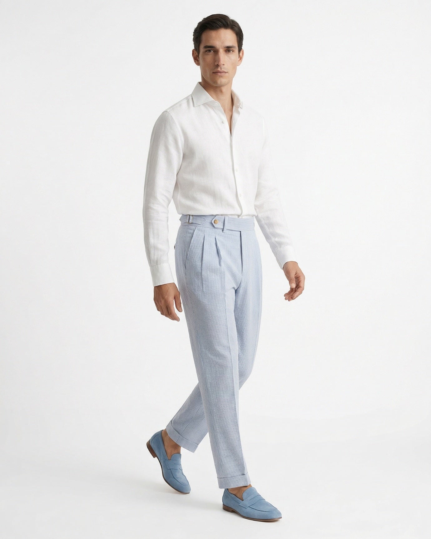 Pantalón de rayas azul claro de cintura alta