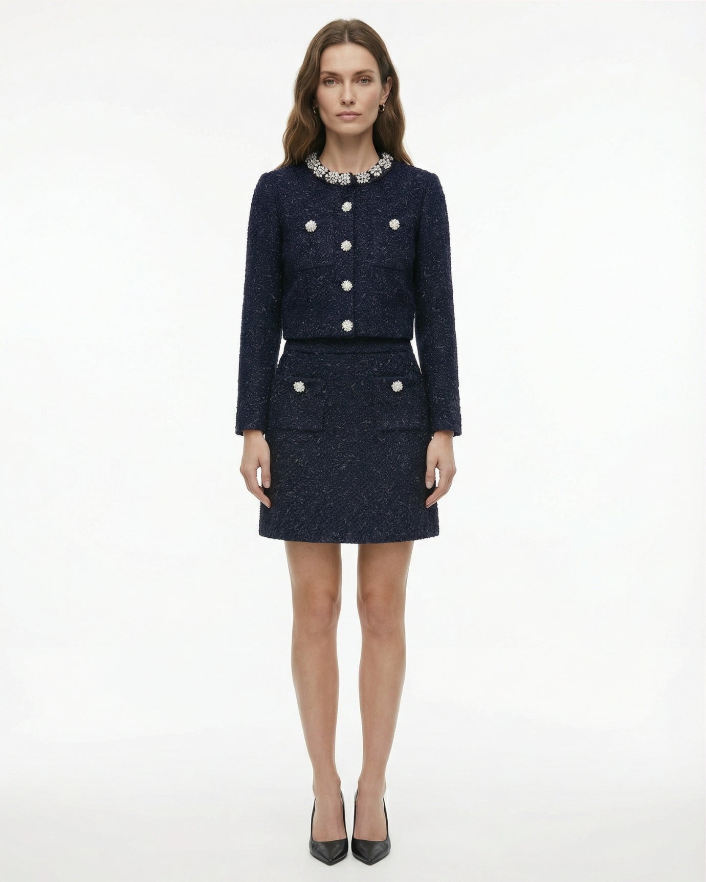 Rhinestone Heavy-Inlaid Knit Cardigan & Midi Skirt