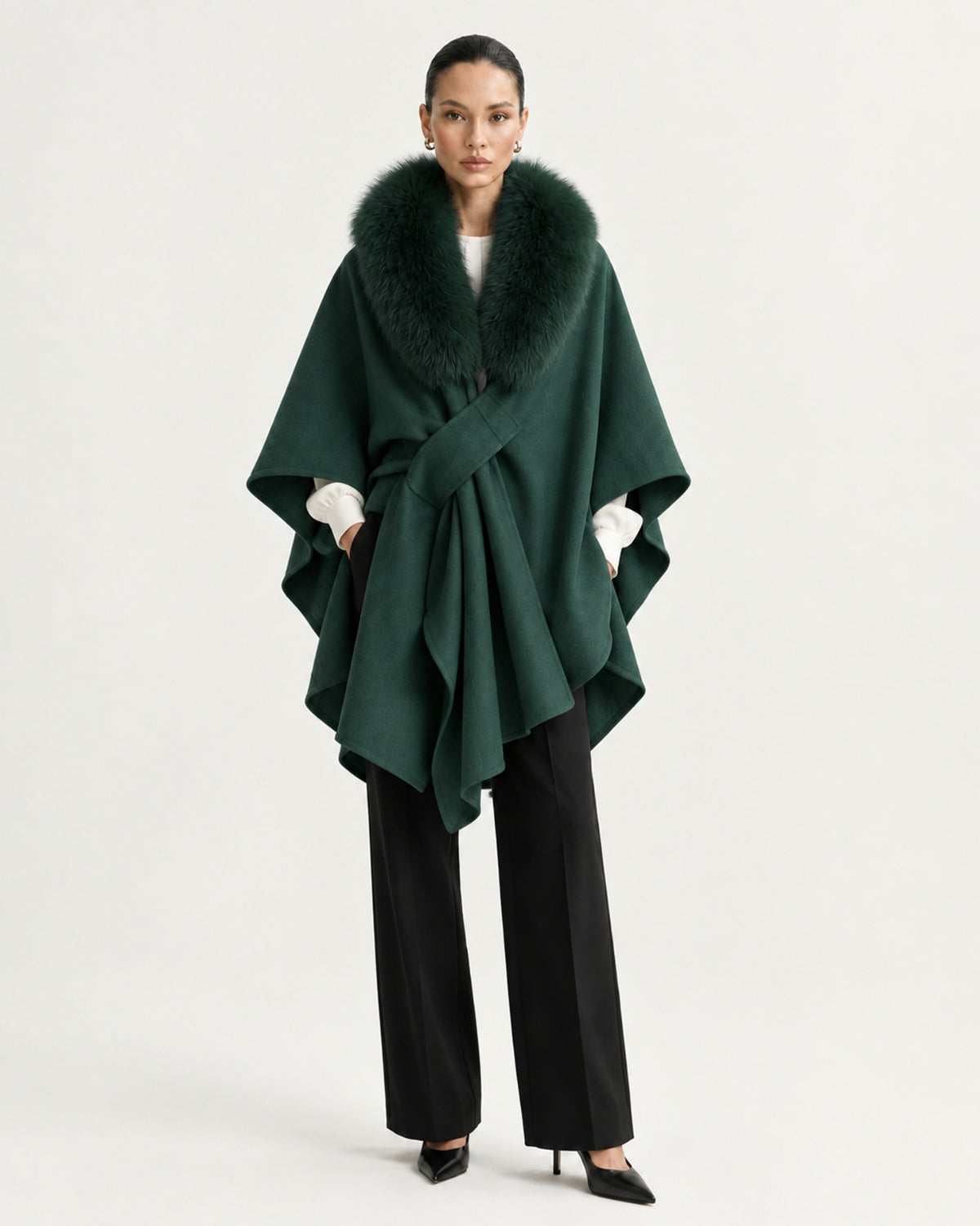 Real Fox Fur Collar Knit Cape Wool Shawl