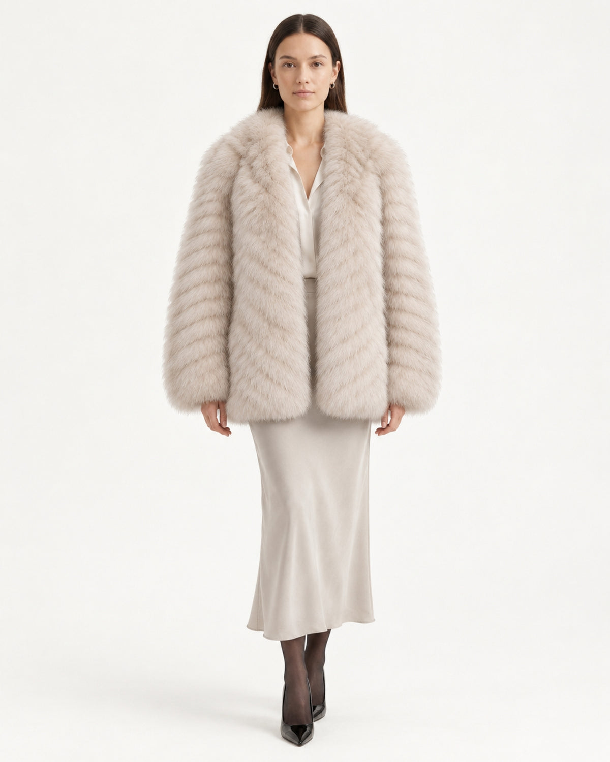 V-Neck Short Striped Fox Fur Jacket