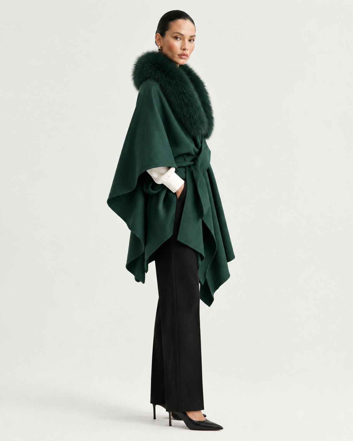Real Fox Fur Collar Knit Cape Wool Shawl