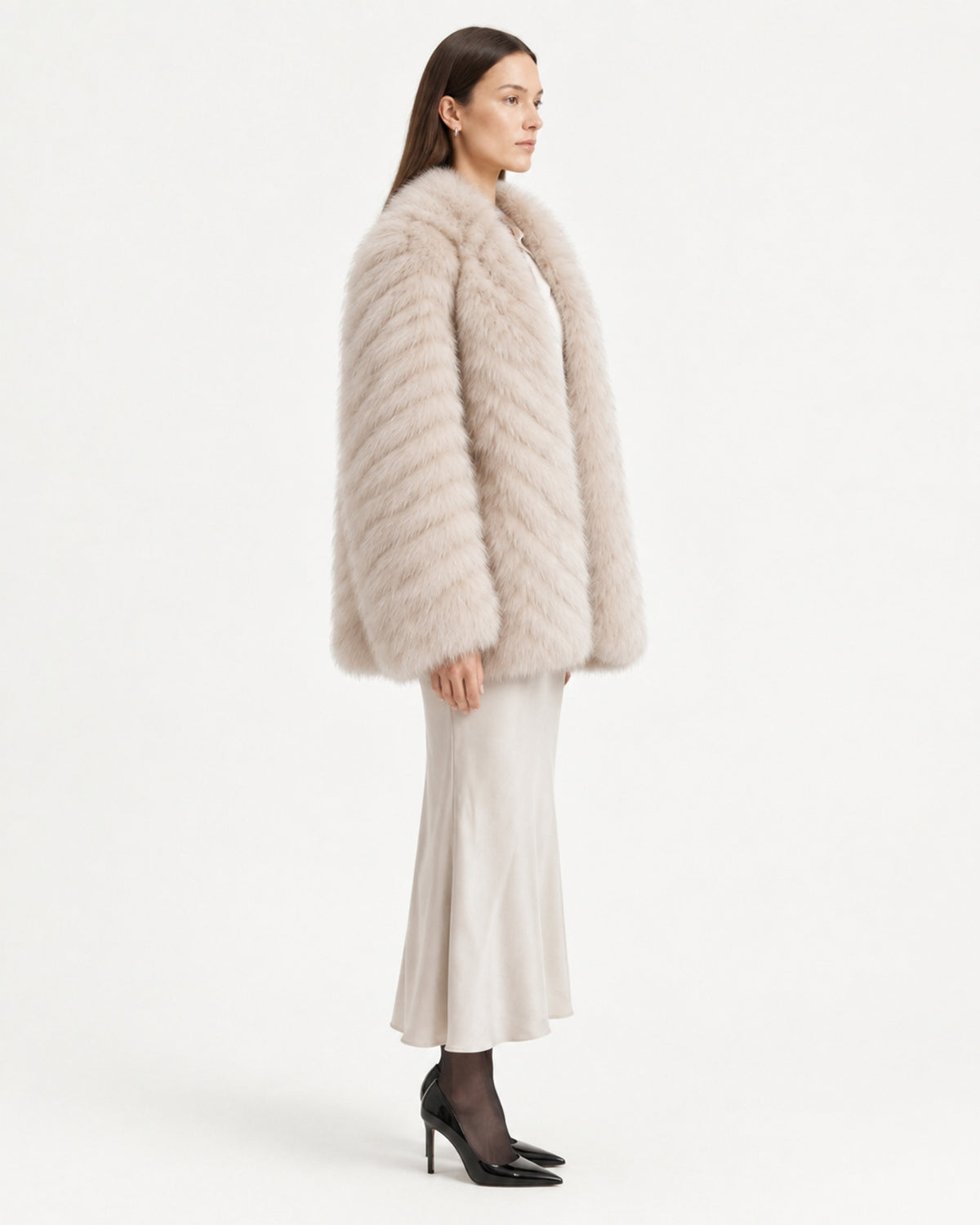 V-Neck Short Striped Fox Fur Jacket