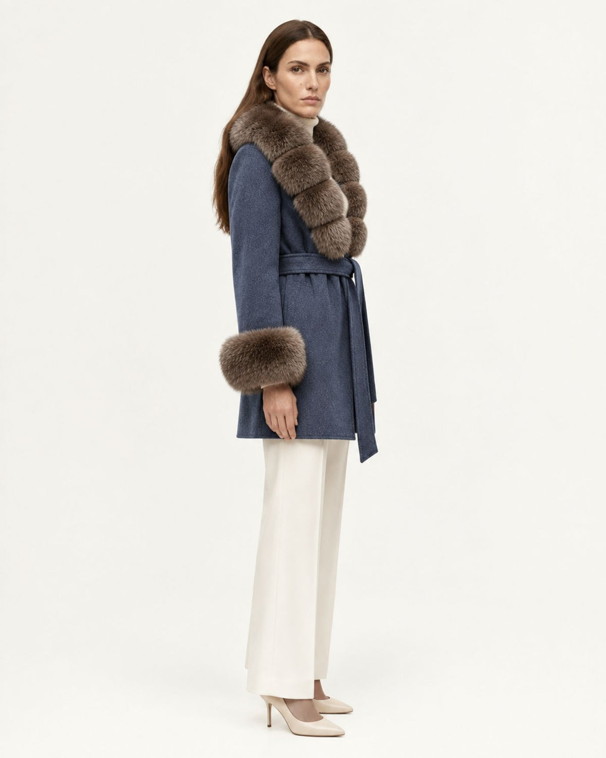 Mira Belted Mid-Length Wool Coat with Fox Fur Collar