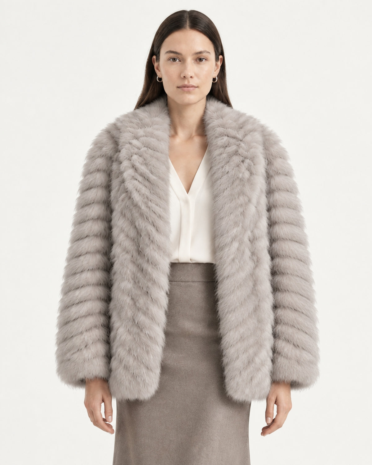 V-Neck Short Striped Fox Fur Jacket