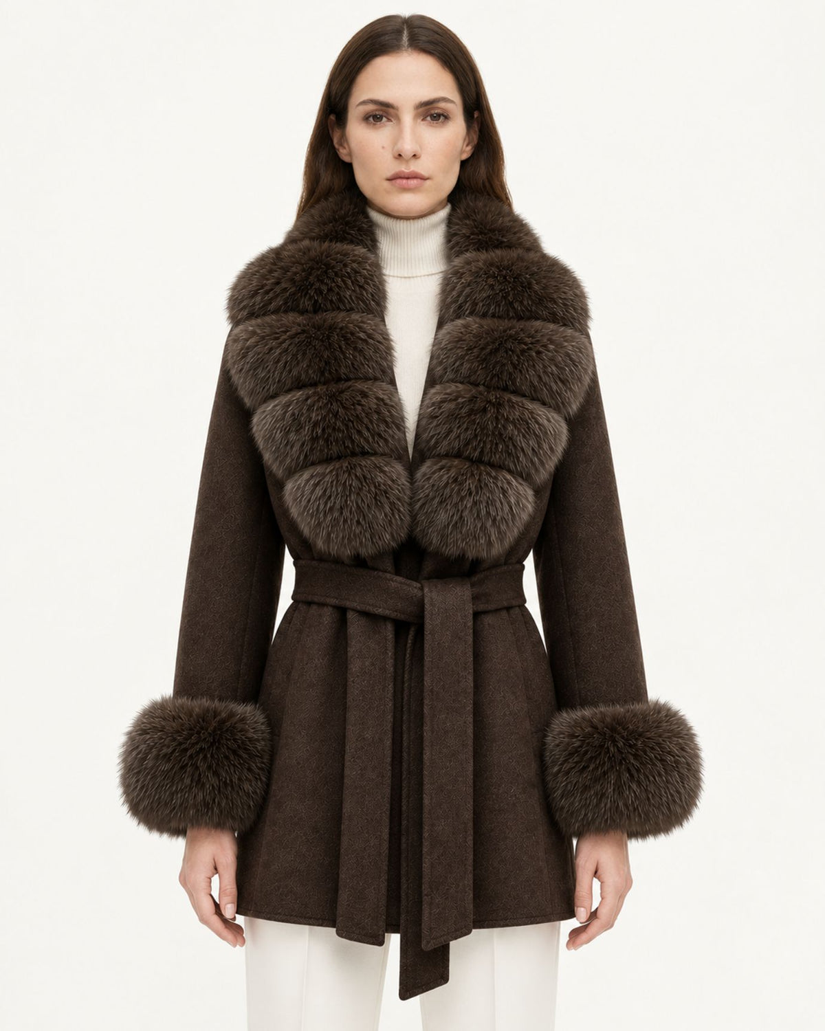 Mira Belted Mid-Length Wool Coat with Fox Fur Collar