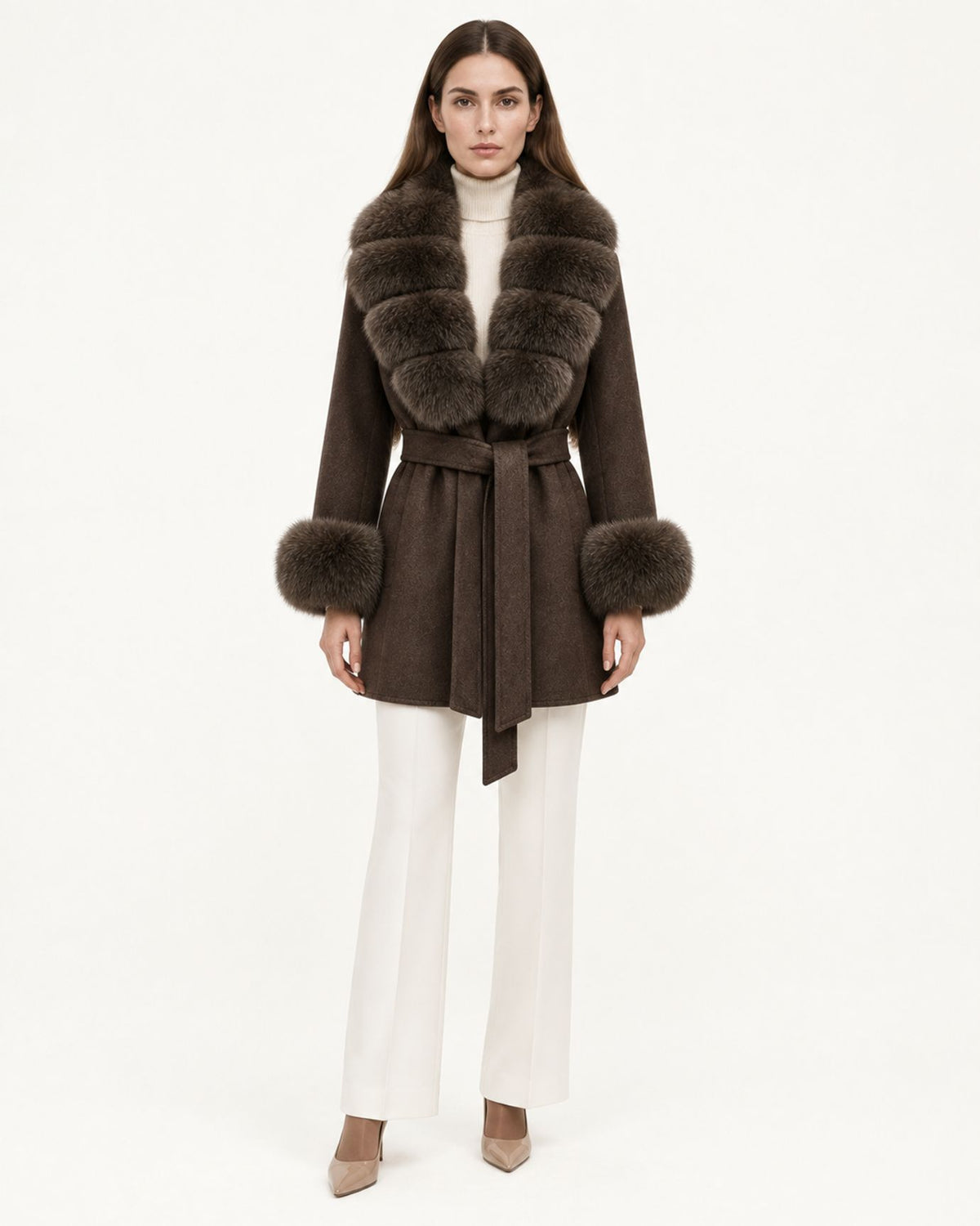 Mira Belted Mid-Length Wool Coat with Fox Fur Collar